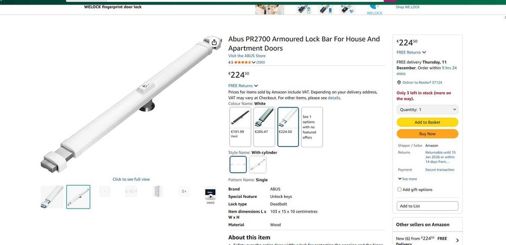 Barre De Sécurité ABUS PR2700 - Serrure De Porte Avec Cylindre 30/60, Couleur Blanche