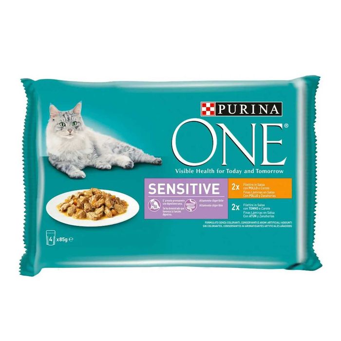 Hrana umeda pisici Purina One Sensitive file pui/morcov in sos 4x85 g