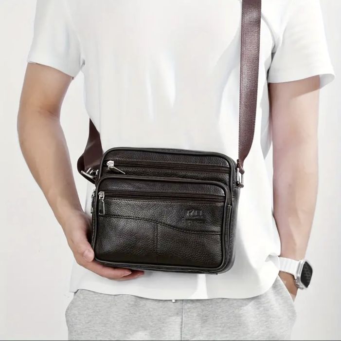 Мъжка кожена правоъгълна чанта за през рамо /Черна и кафява ест. кожа!