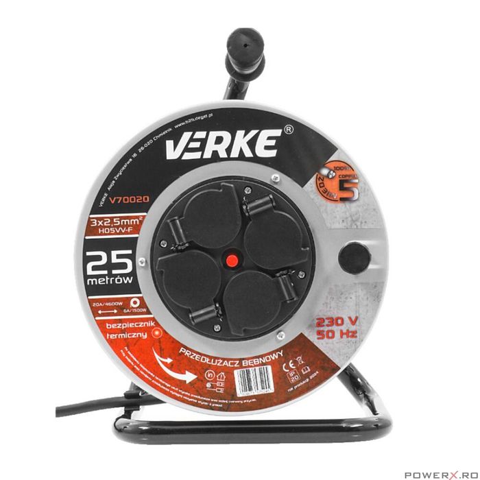 Rola prelungitor cablu cu cadru metalic 25 metri 3 x 2,5 mm Verke