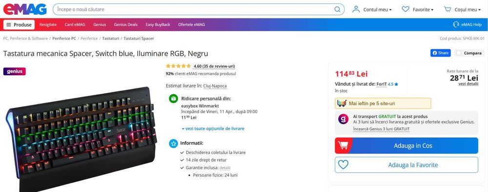 Tastatura Gaming Spacer SPKB-MK-01 Mecanica Blue Switch NOU