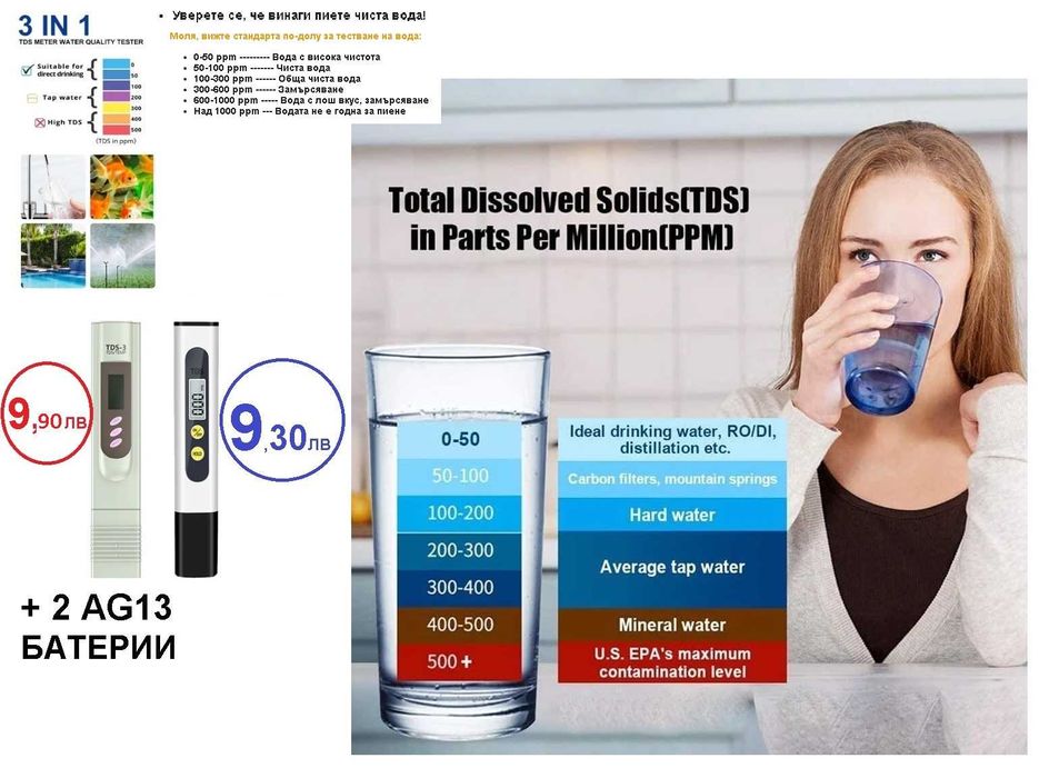 Тестер за качество на питейната вода TDS EC Meter 0-9990 с Термометър