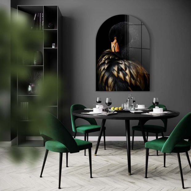 100см! Стъклена картина "Черно фламинго"