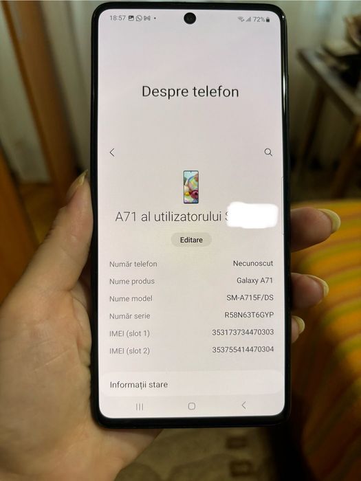 Telefon Samsung Galaxy A71 Dual SIM, 128GB spatiu stocare, 6GB RAM, Navy