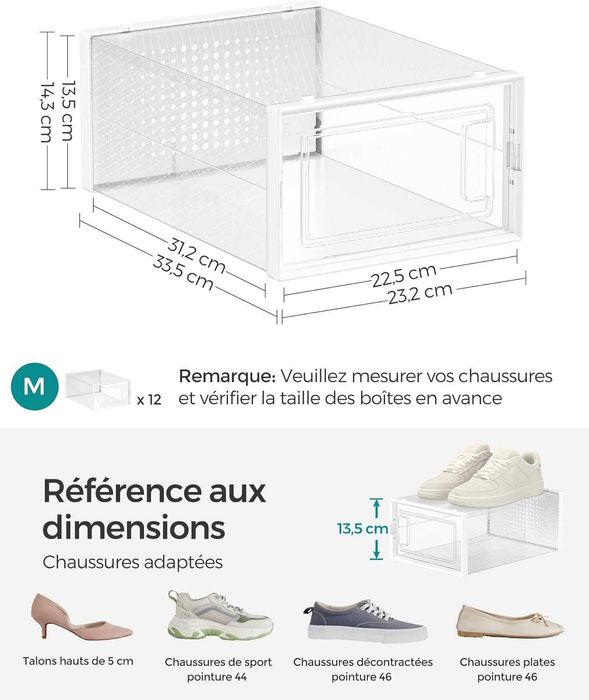 Set 12 cutii pentru pantofi stivuibile, din plastic, Songmics, alb