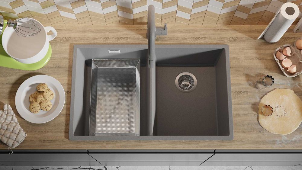 Сив гранитна мивка с две корита за вграж Лондон 80 Twin 760 x 470 мм