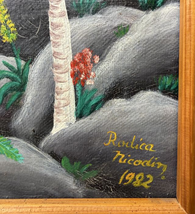 Pictura naiva “Peisaj rural cu Padure” semnat Rodica Nicodim 1982