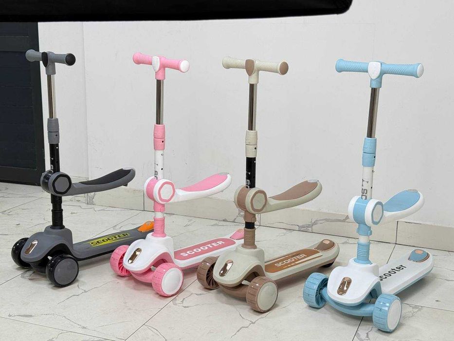 Детский трехколесный самокат с складной ручкой, с сидушкой