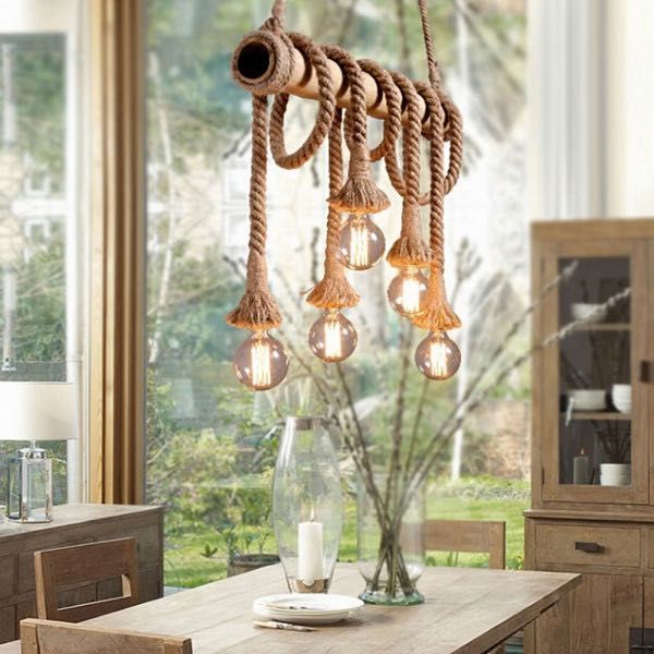 Луксозна бамбукова висяща лампа конопени въжета с фасунги винтидж,Е27,
