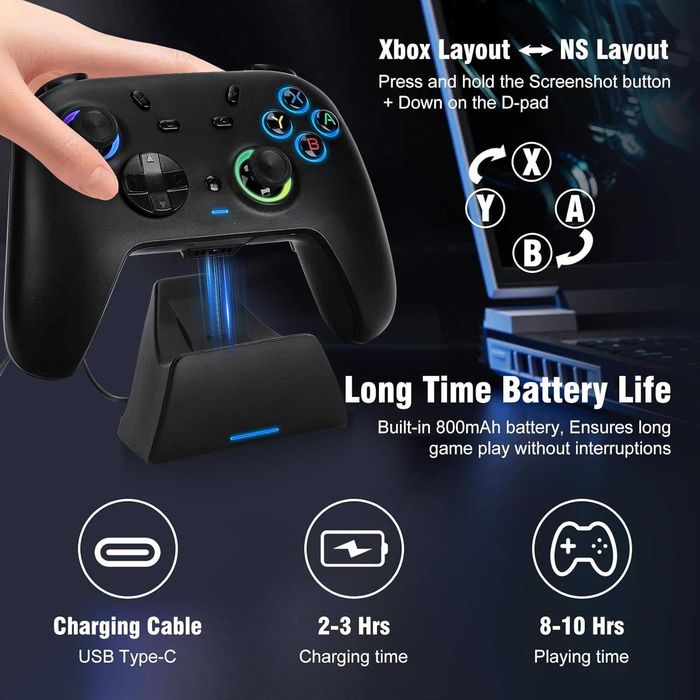 Безжичен контролер с док станция и Hall ефект за PC/Switch