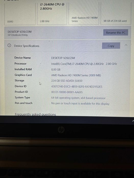 HP EliteBook 8560p i7 / 8GB RAM / SSD 240GB / Windows 10 - Perfect Funcțional