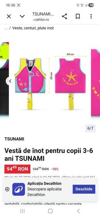 Vestă de înot pentru copii 3-6 ani TSUNAMI 19-30 Kg. Noua