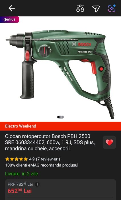 Ciocan rotopercutor Bosch PBH 2500 SRE 0603344402, 600w, 1.9J, SDS plus, mandrina cu cheie