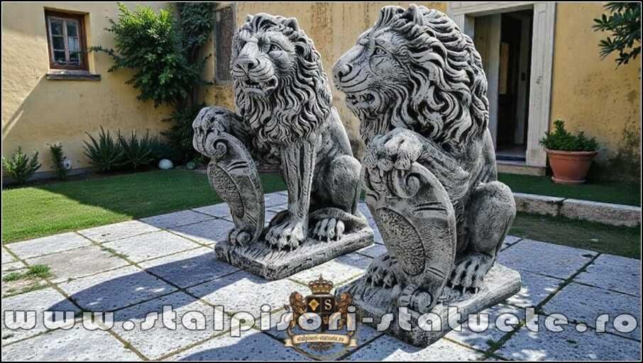 Statuetă leu mare cu blazon, gri patinat, model S1.