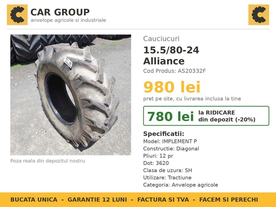 Anvelope 15.5/80-24 400/80R24 Alliance Cauciucuri Buldoexcavator Incarcator SH 12PR Garantie Factura JCB