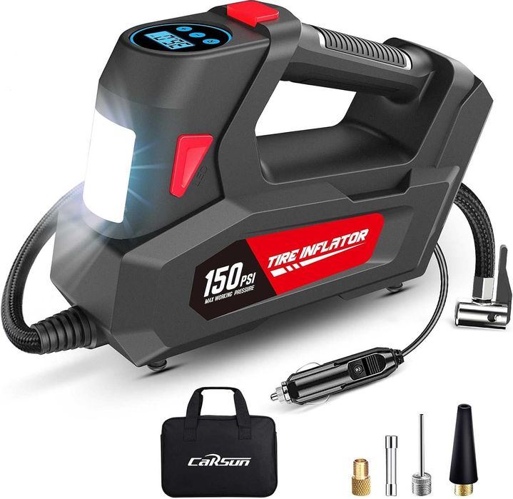 Преносим компресор за гуми CarSun с LED осветление и цифров манометър