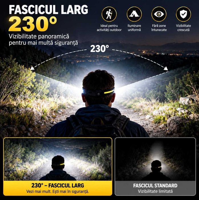 Lanterna de cap LED profesionala cu 3 benzi si senzor de miscare USB