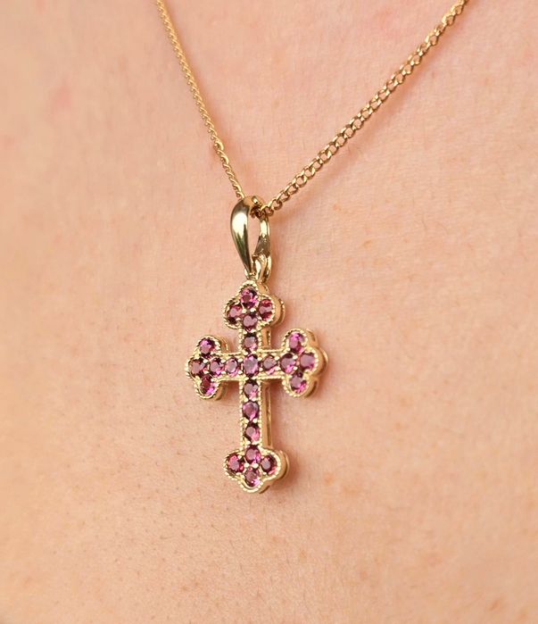 Cruce din aur galben 14k cu safire roz naturale