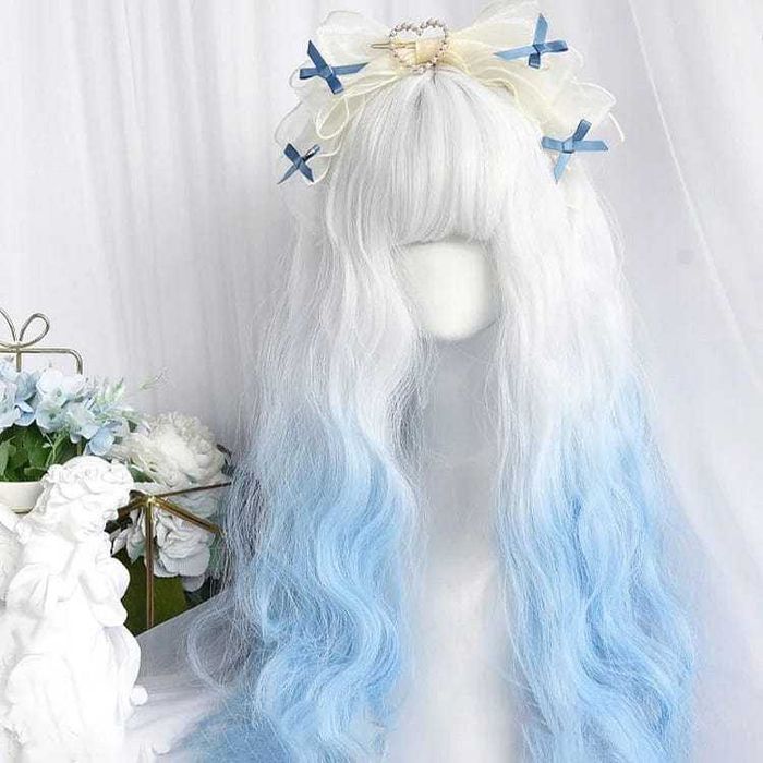 Kawaii Lolita Blue Gradient Чуплива аниме омбре перука бяла / синя