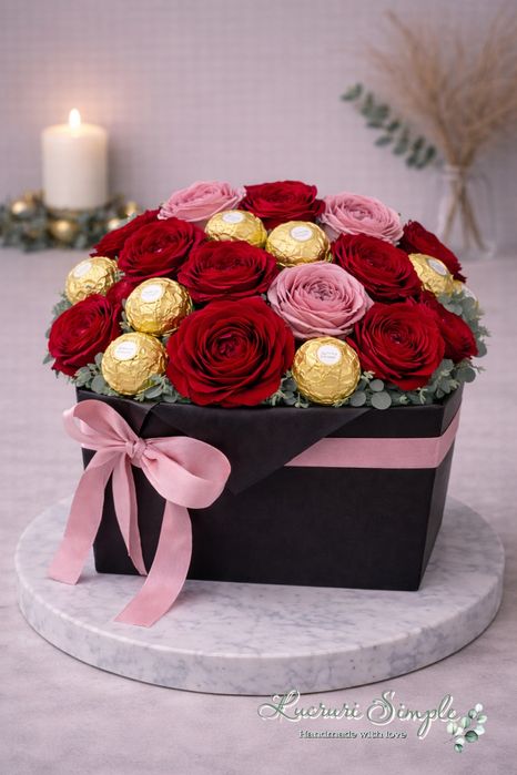 Buchet / Aranjament cu trandafiri artificiali și bomboane – Cadou eleg