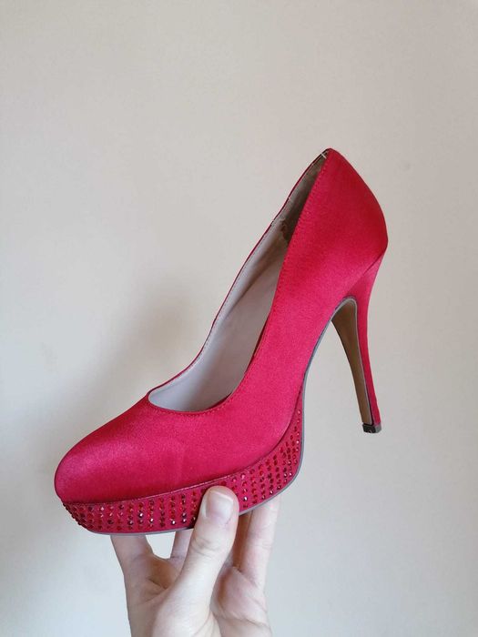 Pantofi din satin cu toc, dama, rosii, marimea 38