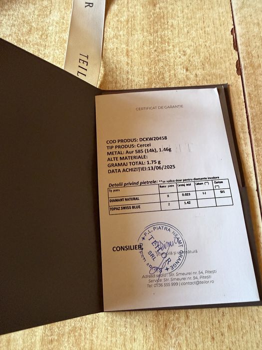 Vând cercei din aur alb cu topaze de 1,3ct si diamante de 0,02 TEILOR