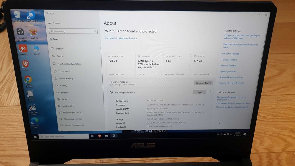 Laptop ASUS Gaming TUF, 1080p 144Hz, AMD Ryzen™ 7 3750H, 16GB DDR4, 512GB SSD, nVidia GTX 1650 4GB