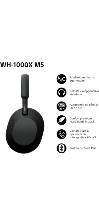Casti Sony WH-1000XM5B Wireless Bluetooth Noise Cancelling - garantie