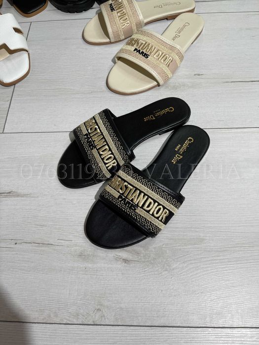 Papuci Slapi Piele eco Brodati Textil - Negri