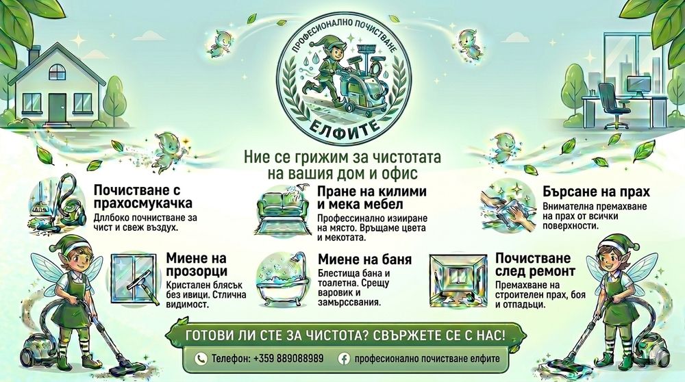 Професионално почистване на домове, офиси, след ремонт, пране на мели