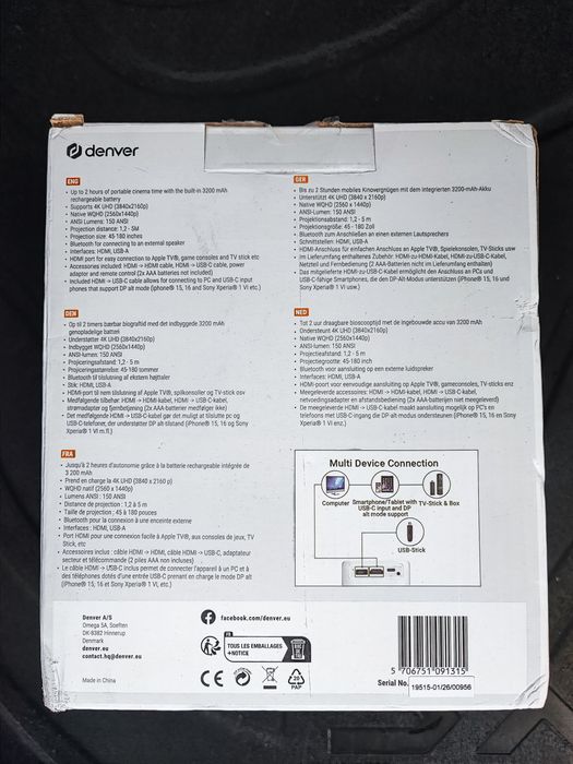 Proiector portabil Denver PR-4700 4K UHD, baterie 3200 mAh