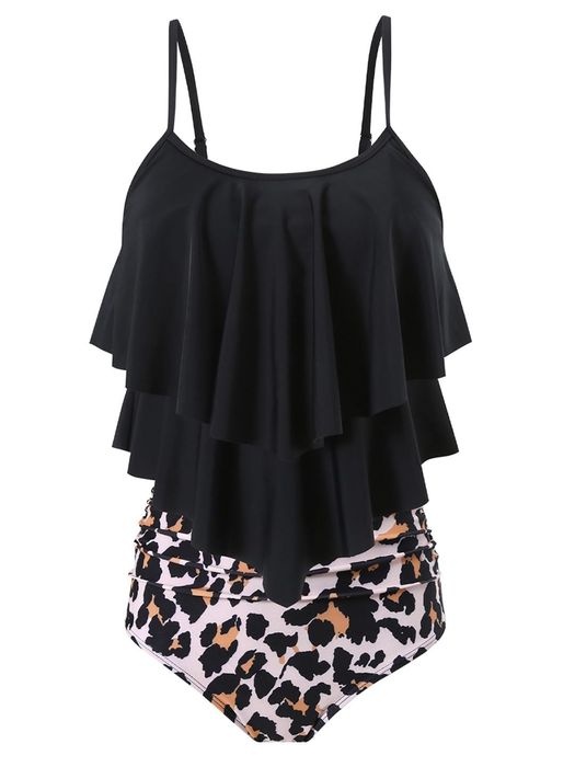 Set tankini FLYILY pentru femei din două piese cu volane – Leopard negru XL