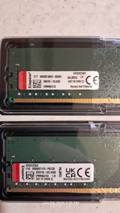 RAM  Kingston ValueRAM 8GB DDR4 3200MHz KVR32N22S8/8”