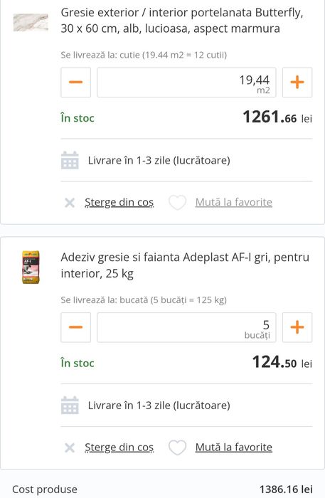Vând Gresie cumpărată din Dedeman + 5 saci adeziv gratis