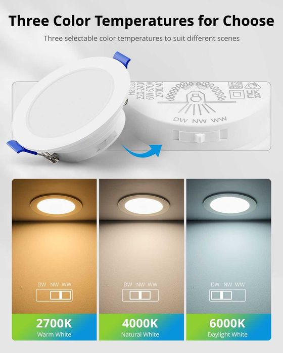 Комплект вградени лунички LED панел/спот лампи за таван (ултратънки), IP65, 3 цветни температури, димиращи