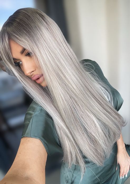Peruca semi naturala blond gri ombre + spray peruci