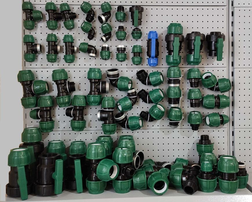 Компрессионные фитинги для ПНД труб из ПП. Poelsan. Капельное орошение