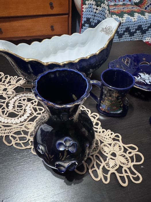 Vand set 7 bucati portelan-cobalt cu accente aurii