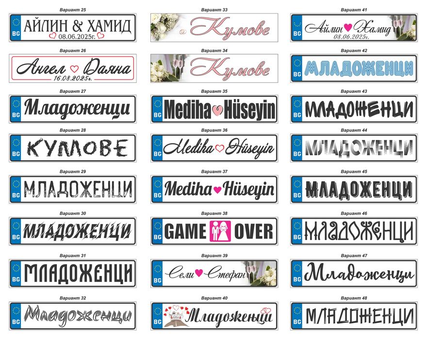 Табела  Младоженци за кола Регистрационен номер