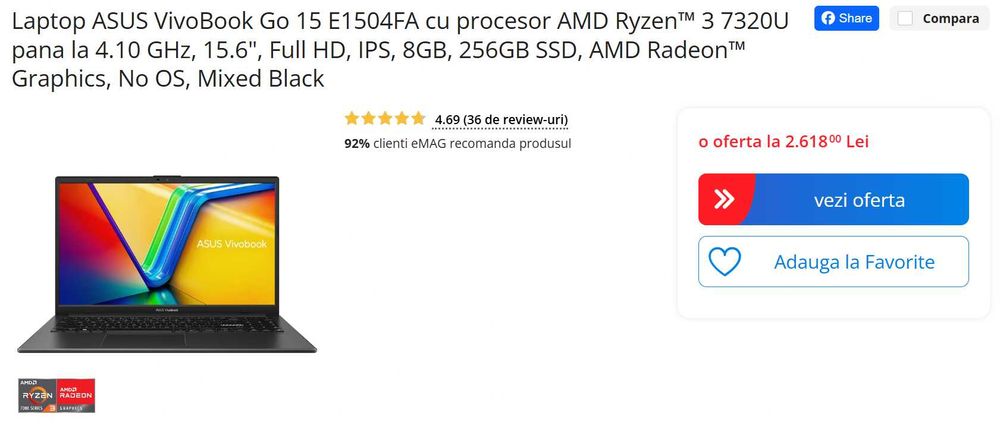 NOU ASUS VivoBook Go 15 AMD Ryzen™ 3 7320U, 15.6", 8GB RAM, 256GB SSD