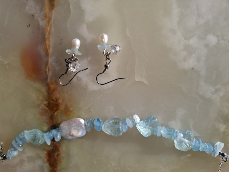 Set brățară acvamarine 21 cm si cercei cu perle