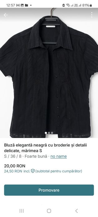 Bluză elegantă neagră cu broderie, mărimea S