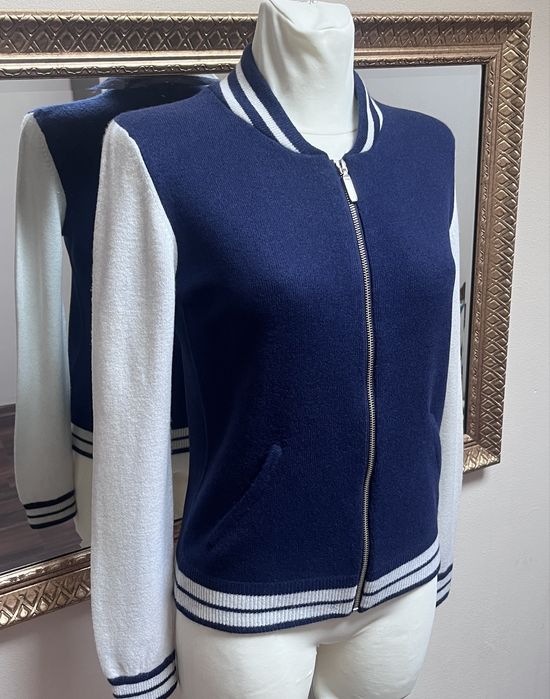 N.S. Cashmere, pulover 100% cașmir, albastru & ivory, cu fermoar