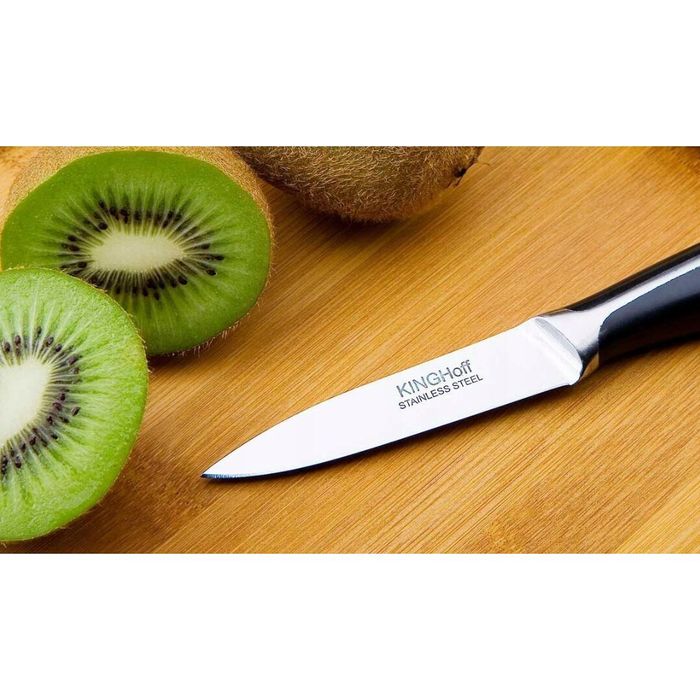 Set cutite Inox, 6 piese, suport patrat din lemn, maner ABS gri cu