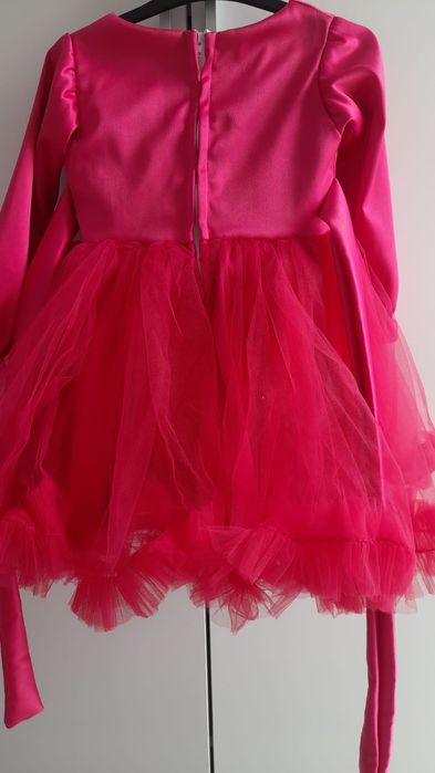 Rochie fucsia fetite 5+,  cu tull și dantela, cordon in talie