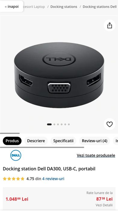 Docking station Dell DA300, USB-C, portabil