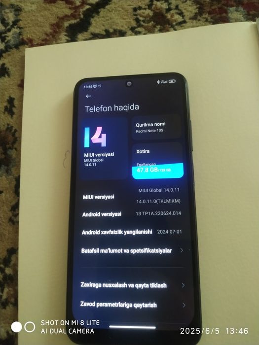 Redmi note 10 S 6+3 ga 128gb xotira