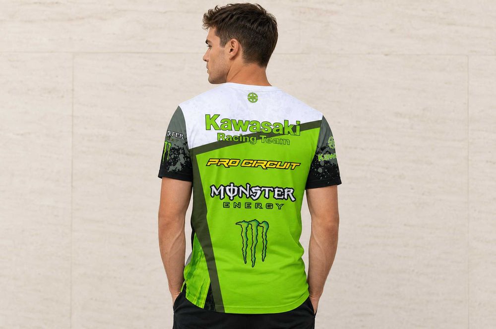 Мъжка тениска Kawasaki Racing Team Monster Energy Pro Circuit — motocross all-over принт, зелено със сиво и бяло