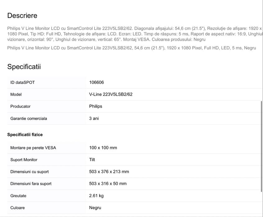Monitor Philips 22" Full HD + Adaptor HDMI