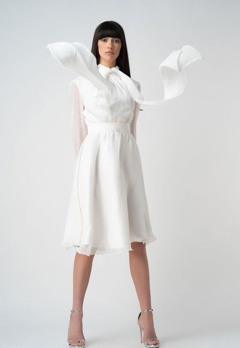 Rochie cununie -albă midi, mătase naturală, mărime S
